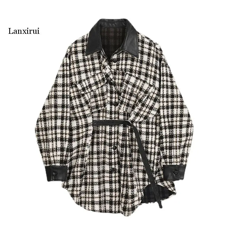Plaid Tweed jacket Stitching Pu Leather Jacket For Women Streetwear Lapel Button Woolen Coat With Belt Female Autumn Winter
Plaid Tweed jacket Stitching Pu Leather Jacket For Women Streetwear Lapel Button Woolen Coat With Belt Female Autumn Winter