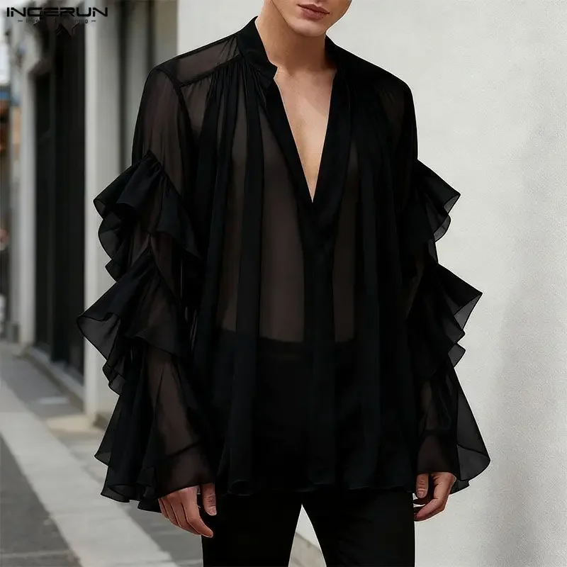 INCERUN Men Shirt Solid Mesh See Through Ruffle V Neck Long Sleeve Tops Male Shirts Streetwear Oversize Fashion Party Camisas
INCERUN Men Shirt Solid Mesh See Through Ruffle V Neck Long Sleeve Tops Male Shirts Streetwear Oversize Fashion Party Camisas