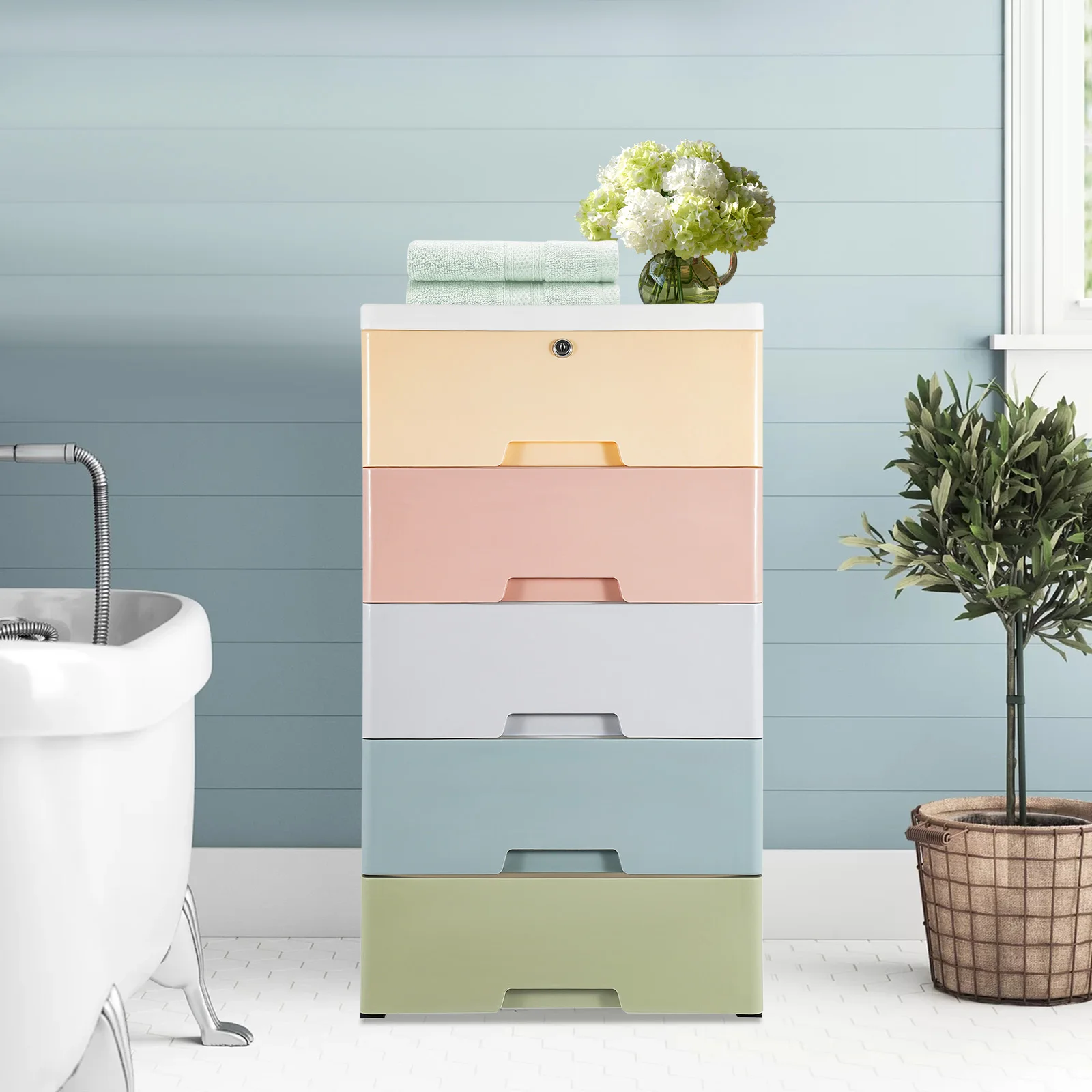 5 Drawer Stackable Vertical Clothes Storage Tower, Bedroom Tall Small Chest Closet with The Lock for Powder Rooms, Beauty Stores
5 Drawer Stackable Vertical Clothes Storage Tower, Bedroom Tall Small Chest Closet with The Lock for Powder Rooms, Beauty Stores