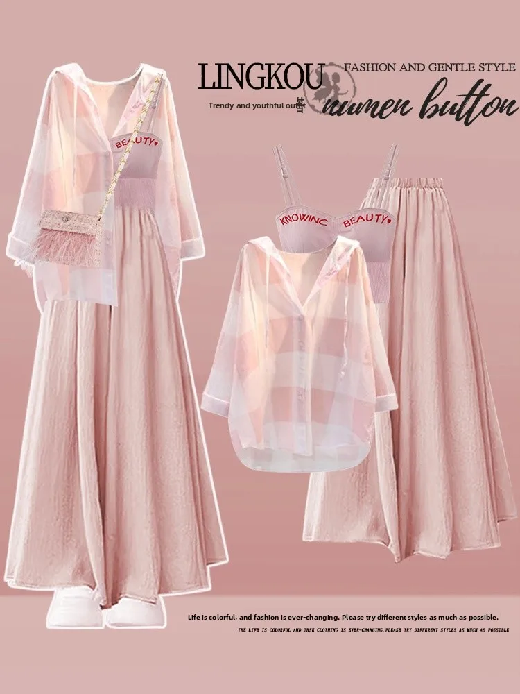 Ladies Summer Lazy Style Three-Piece Set Soft Sun Protection Clothing Pink Casual Pants And Tank Top Loose Fit Fashion Set
Ladies Summer Lazy Style Three-Piece Set Soft Sun Protection Clothing Pink Casual Pants And Tank Top Loose Fit Fashion Set