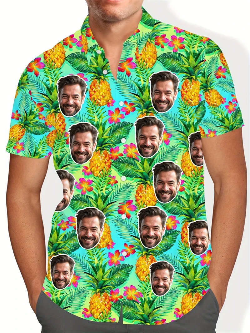 Tropical Custom Hawaiian Man Shirts Personalized Face Pineapple Slice Print Lightweight Casual Tee Women Clothing Camisas
Tropical Custom Hawaiian Man Shirts Personalized Face Pineapple Slice Print Lightweight Casual Tee Women Clothing Camisas