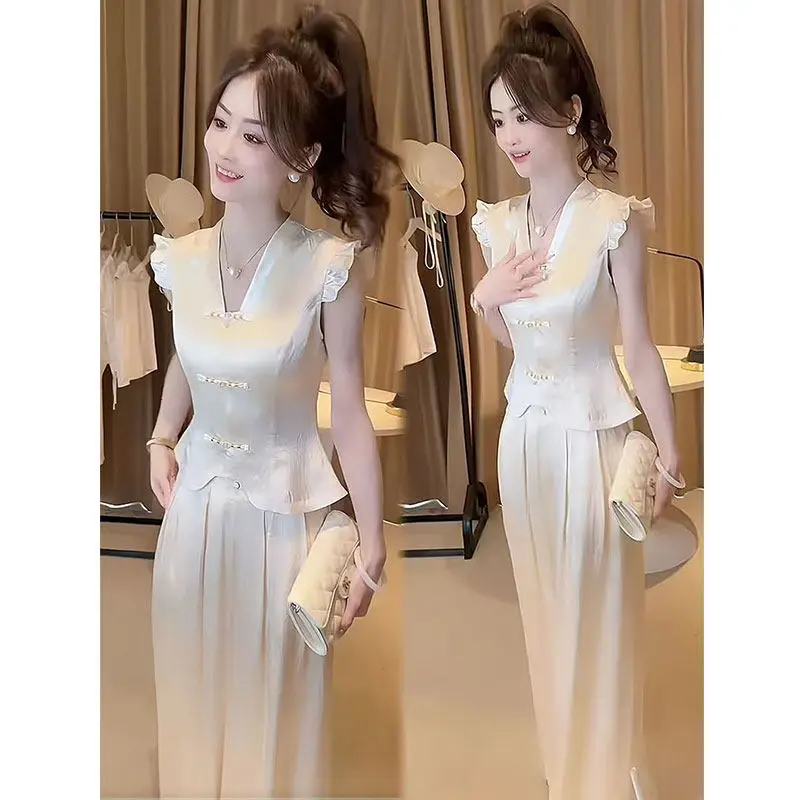 Fashion Suit Women 2026 Summer Retro V-neck Button Top+wide Leg Pants Stylish Two-piece Set
Fashion Suit Women 2026 Summer Retro V-neck Button Top+wide Leg Pants Stylish Two-piece Set