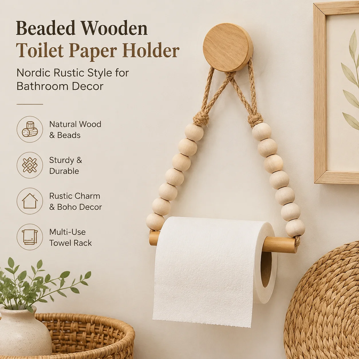 Beaded Wooden Toilet Paper Holder – Rustic Nordic Wooden Stick Tissue Rack, Towel and B&B Decor
Beaded Wooden Toilet Paper Holder – Rustic Nordic Wooden Stick Tissue Rack, Towel and B&B Decor