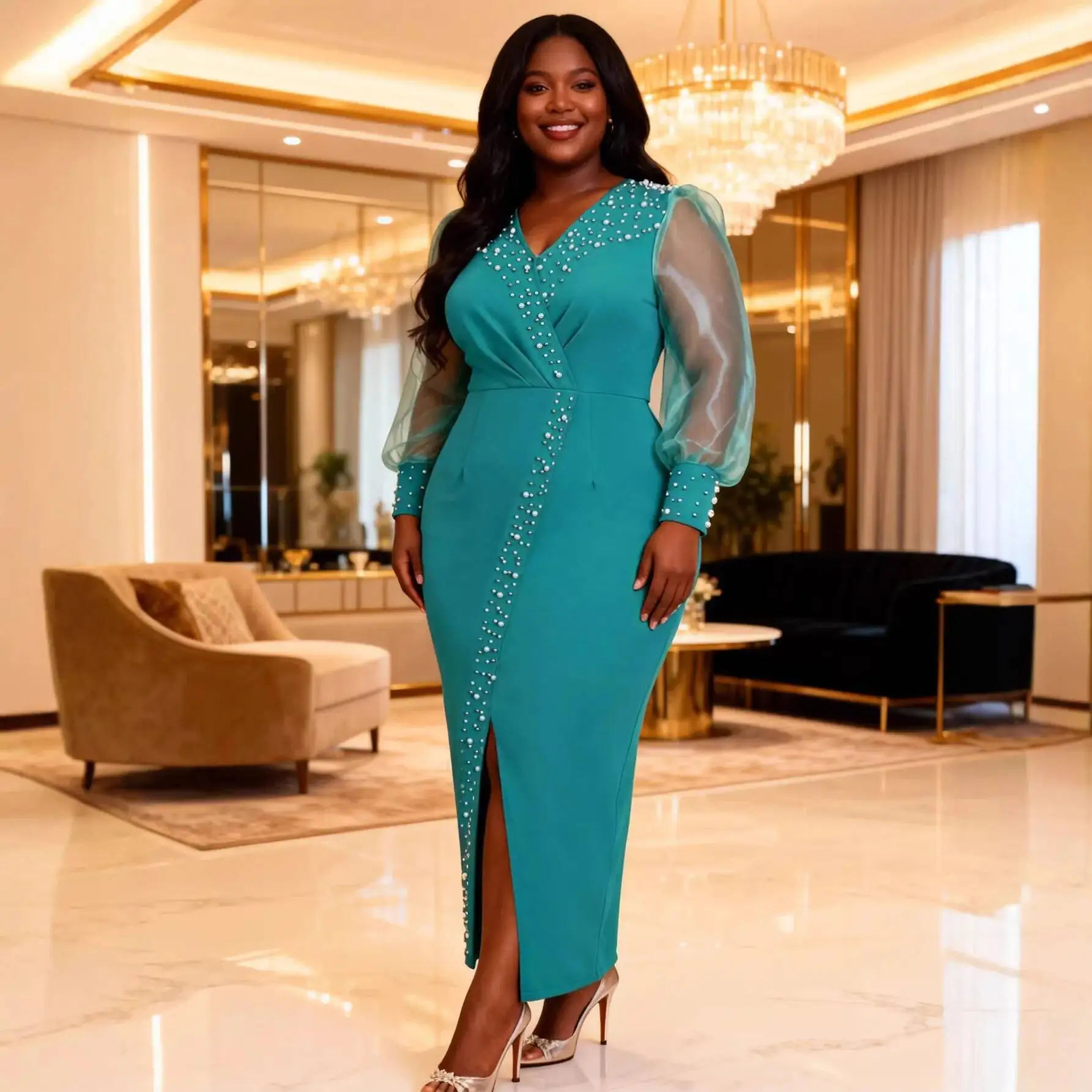 Plus-size Women's Lake Green Pearl Dress With V-neck, Slimming Effect, Sheer Sleeves, Waist-cinching, Slit, Elegant Party Gown
Plus-size Women's Lake Green Pearl Dress With V-neck, Slimming Effect, Sheer Sleeves, Waist-cinching, Slit, Elegant Party Gown
