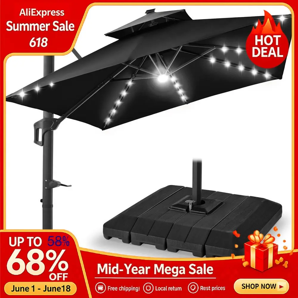 10 X 10 FT Square Cantilever Umbrella, 360° Rotation Solar LED Lights with Base, Custom
10 X 10 FT Square Cantilever Umbrella, 360° Rotation Solar LED Lights with Base, Custom