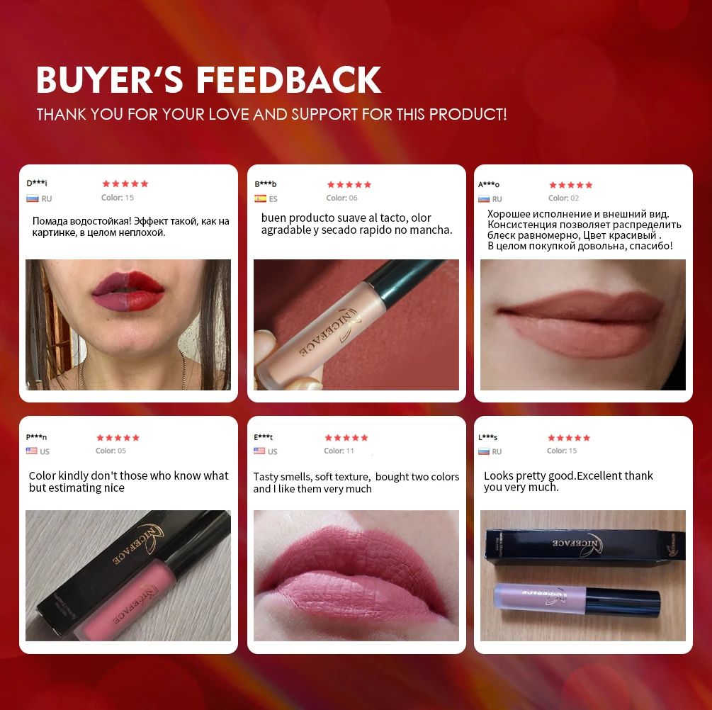 NICEFACE Nude Matte Lip Gloss Waterproof Liquid Lipstick Long Lasting Sexy Red Purple Black Lip Glaze Makeup For Women Lip Tint