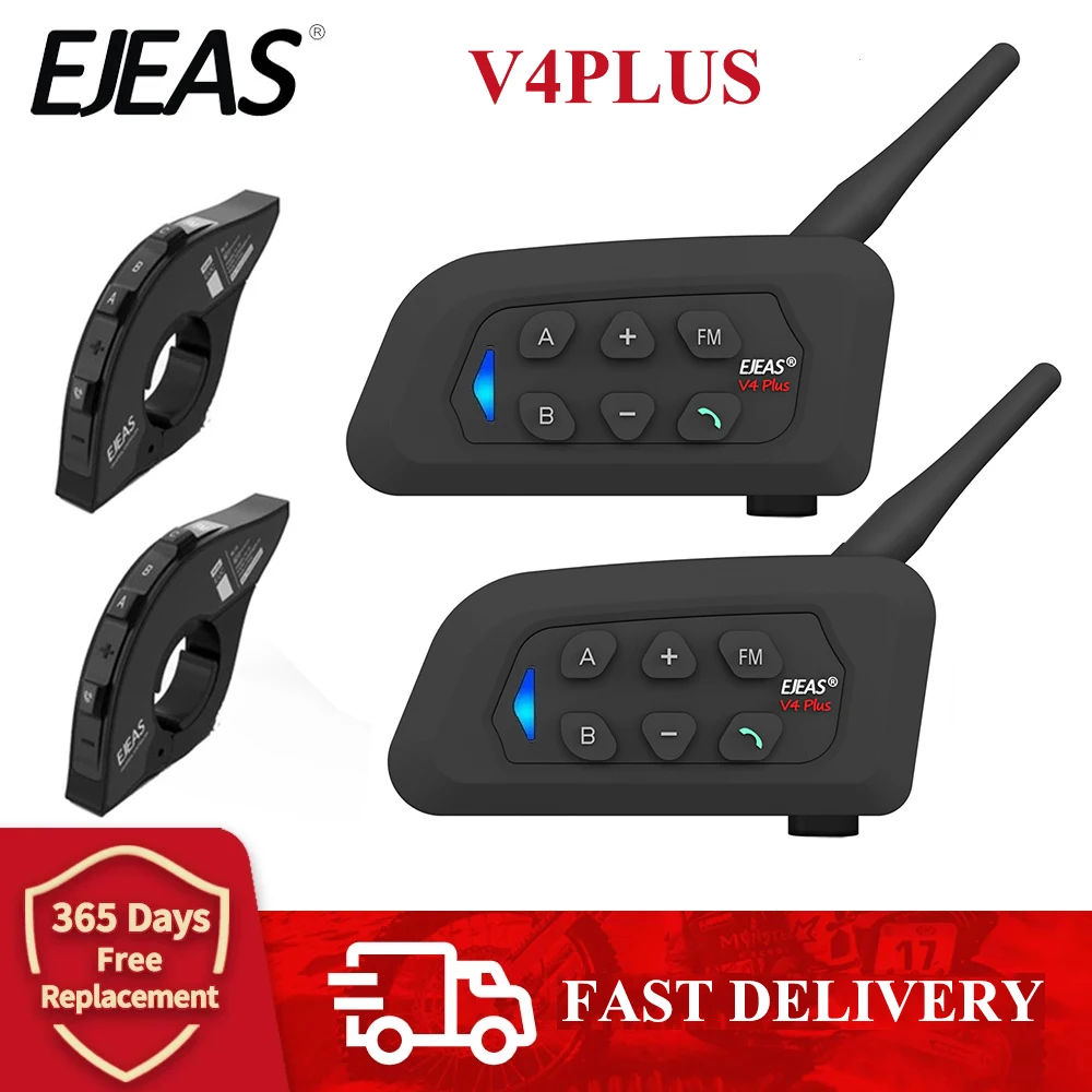 EJEAS V4 Plus Motorcycle Intercom Bluetooth Wireless Helmet Headset IP65 Waterproof FM Radio, Group Talking for 4 Rider 1500M
EJEAS V4 Plus Motorcycle Intercom Bluetooth Wireless Helmet Headset IP65 Waterproof FM Radio, Group Talking for 4 Rider 1500M