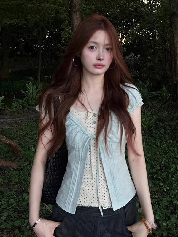 Mint Green Short Sleeve Slim Fit Shirt Women's Summer Style College Fashion Sweet Bubble Sleeve Top Slimming Effectiveness
Mint Green Short Sleeve Slim Fit Shirt Women's Summer Style College Fashion Sweet Bubble Sleeve Top Slimming Effectiveness
