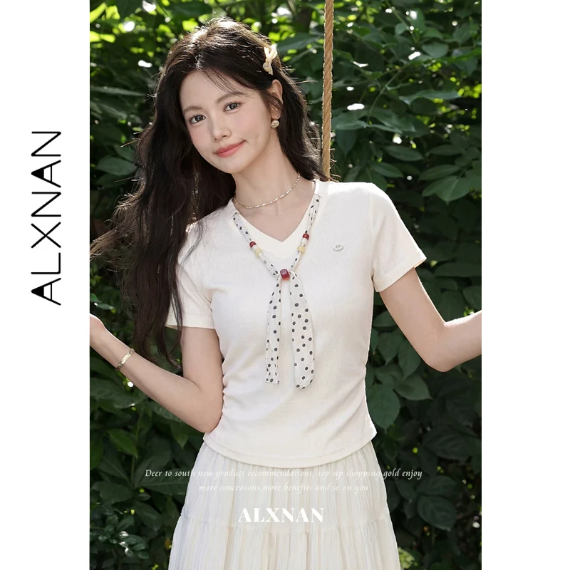 ALXNAN Short Sleeve T-shirt Polka Dot Ribbon Beaded V-neck Waist Pleated Slim-fit T-shirts Summer Fashion Casual Tops DYL662719
ALXNAN Short Sleeve T-shirt Polka Dot Ribbon Beaded V-neck Waist Pleated Slim-fit T-shirts Summer Fashion Casual Tops DYL662719