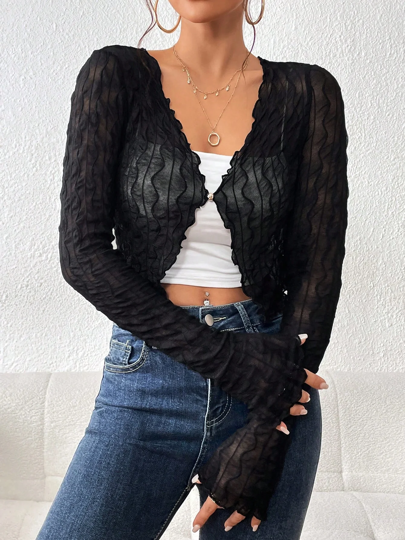 Women Black Sheer Mesh Wavy Edge Cropped Cardigan Casual Long Sleeve Button Up See-Through Top For Daily Wear Streetwear & Y2K S
Women Black Sheer Mesh Wavy Edge Cropped Cardigan Casual Long Sleeve Button Up See-Through Top For Daily Wear Streetwear & Y2K S