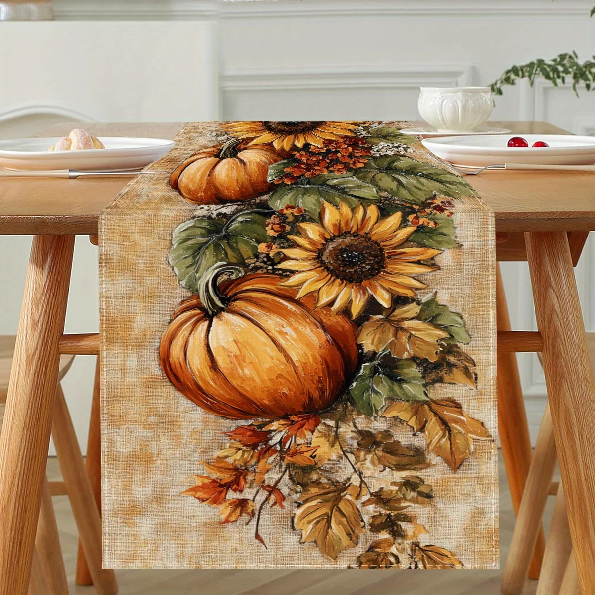 Цельная дорожка для стола на осеннюю пасторальную тематику, декоративная тыква, подсолнух и осенние листья, подходит для ресторана, дома, пикника, B&B, сцены для вечеринок урожая.
Цельная дорожка для стола на осеннюю пасторальную тематику, декоративная тыква, подсолнух и осенние листья, подходит для ресторана, дома, пикника, B&B, сцены для вечеринок урожая.