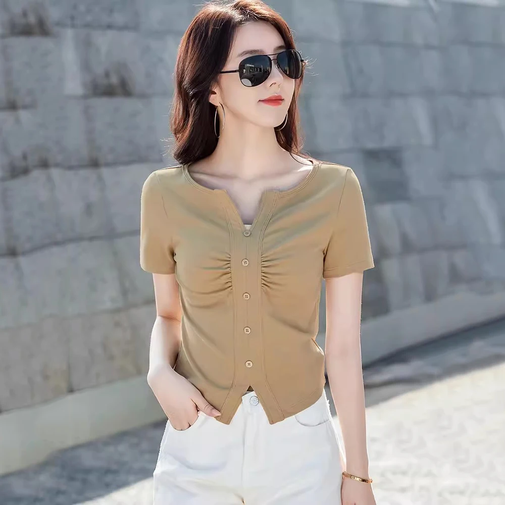 New Women Summer Folds V-Neck T-shirt Fashion Short Sleeve Slim Waist Cotton Tees Tops Simplicity Casual Short T-shirt
New Women Summer Folds V-Neck T-shirt Fashion Short Sleeve Slim Waist Cotton Tees Tops Simplicity Casual Short T-shirt