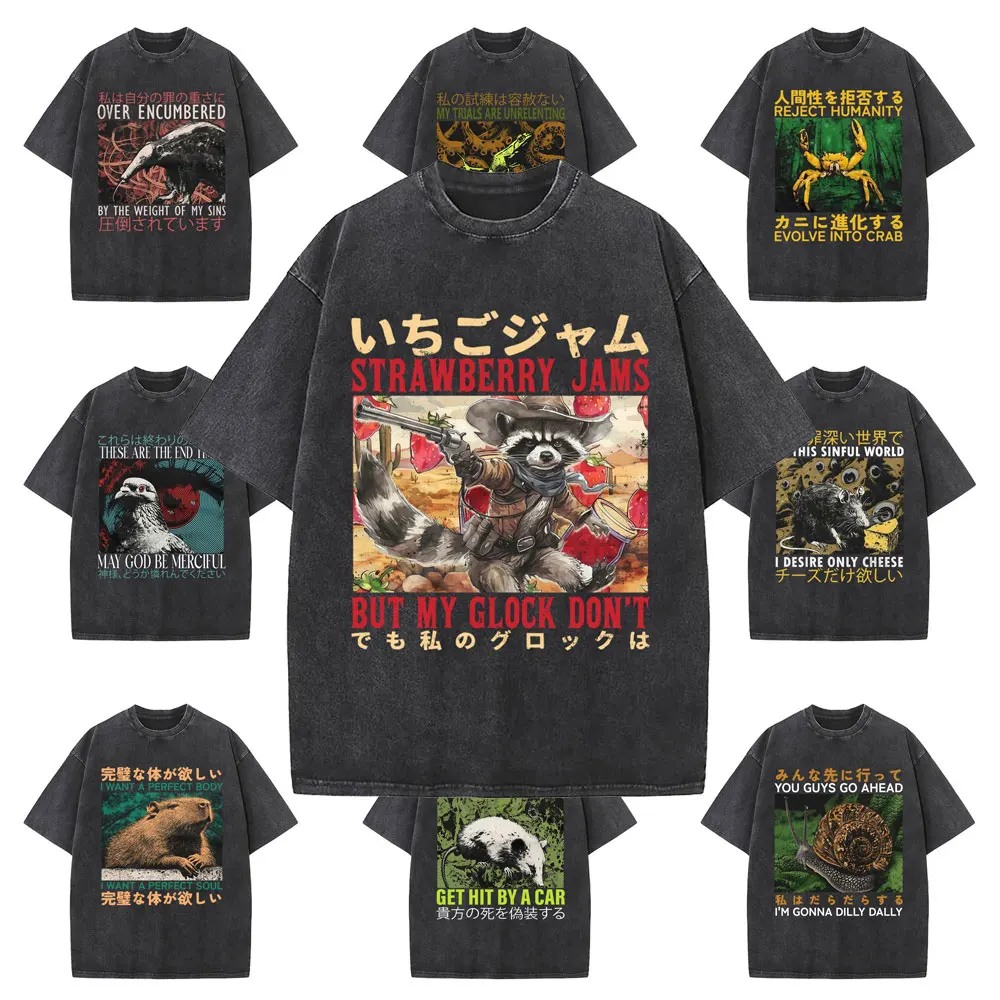 Funny Japanese Capybara Rat Snail Pigeons Opossum Mouse Frog Crab Raccoon Glock Vintage Washed T-shirt Men Casual Humor T Shirts
Funny Japanese Capybara Rat Snail Pigeons Opossum Mouse Frog Crab Raccoon Glock Vintage Washed T-shirt Men Casual Humor T Shirts