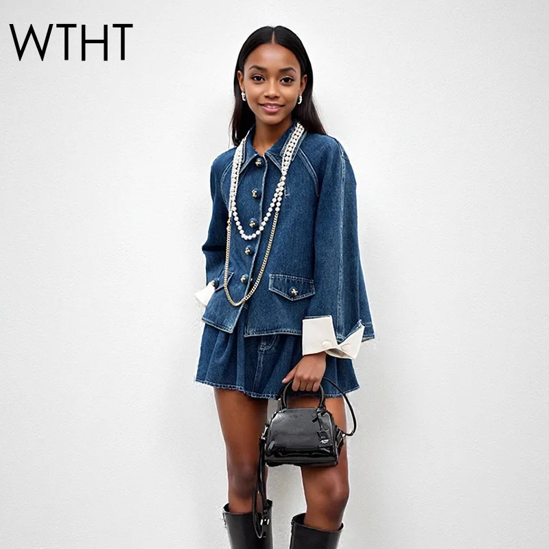 WTHT модная женская джинсовая куртка с жемчужной цепочкой и длинными рукавами, мини-юбки трапециевидной формы с высокой талией, женская осень 2023, 1LS2303 
WTHT модная женская джинсовая куртка с жемчужной цепочкой и длинными рукавами, мини-юбки трапециевидной формы с высокой талией, женская осень 2023, 1LS2303