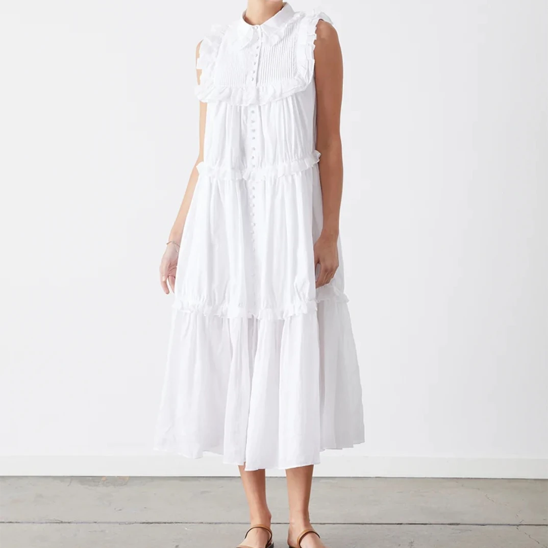 Top Quality 2023 New Arrival Summer Pure Cotton Solid White Ruffle Sleeveless Long Midi Dresses for Women
Top Quality 2023 New Arrival Summer Pure Cotton Solid White Ruffle Sleeveless Long Midi Dresses for Women