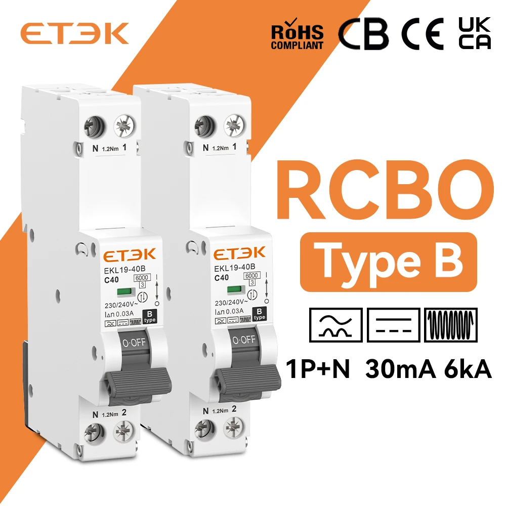 ETEK Type B RCBO Single Module 6KA 30mA 35mm Din-Rail IEC61009-1,IEC62423 EKL19-40B
ETEK Type B RCBO Single Module 6KA 30mA 35mm Din-Rail IEC61009-1,IEC62423 EKL19-40B