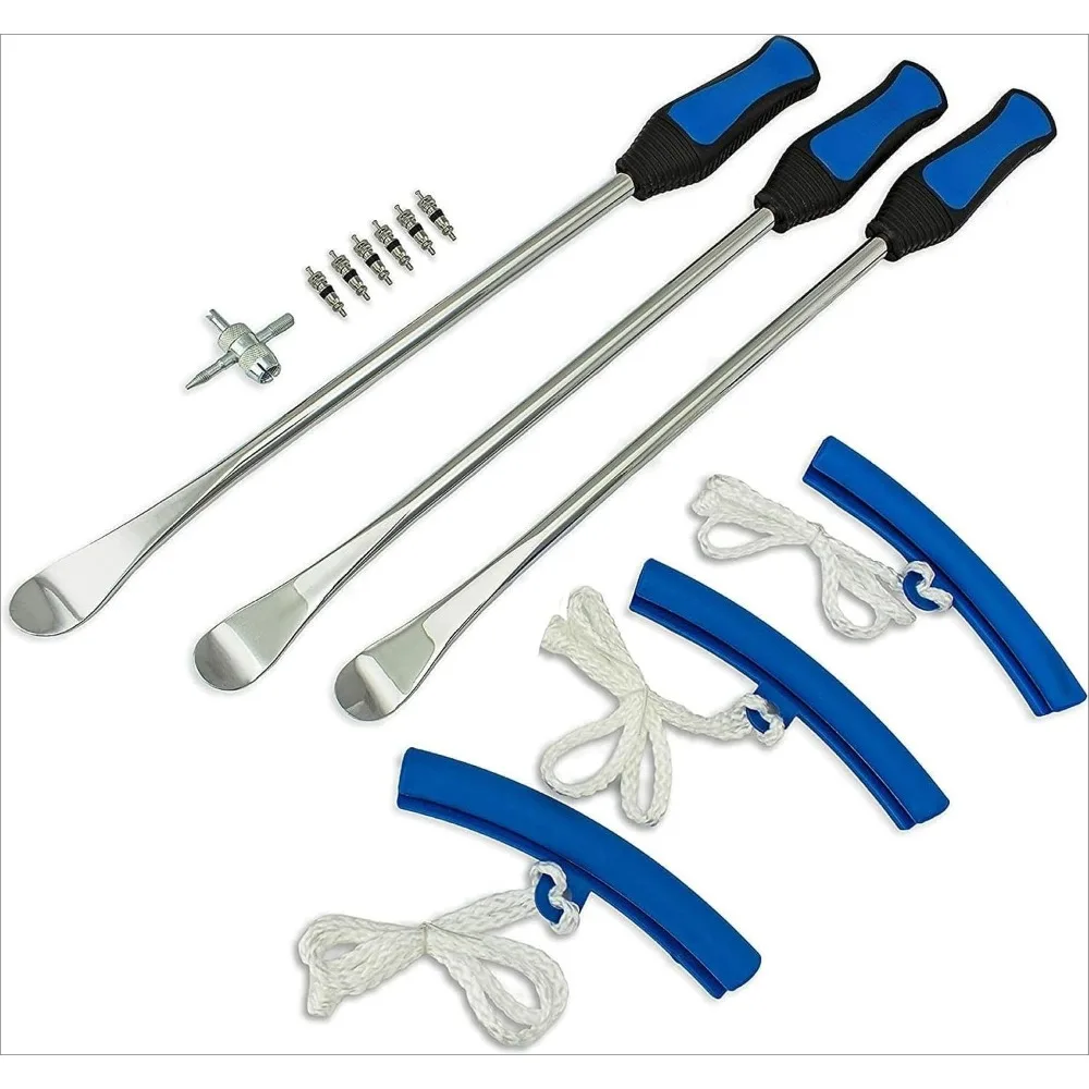 14.5" Steel Tire Spoons Set, 3Pcs Levers + 3 Rim Protectors + Valve Tool & 6 Cores, for Motorcycle Dirt Bike Tire Changer
14.5" Steel Tire Spoons Set, 3Pcs Levers + 3 Rim Protectors + Valve Tool & 6 Cores, for Motorcycle Dirt Bike Tire Changer