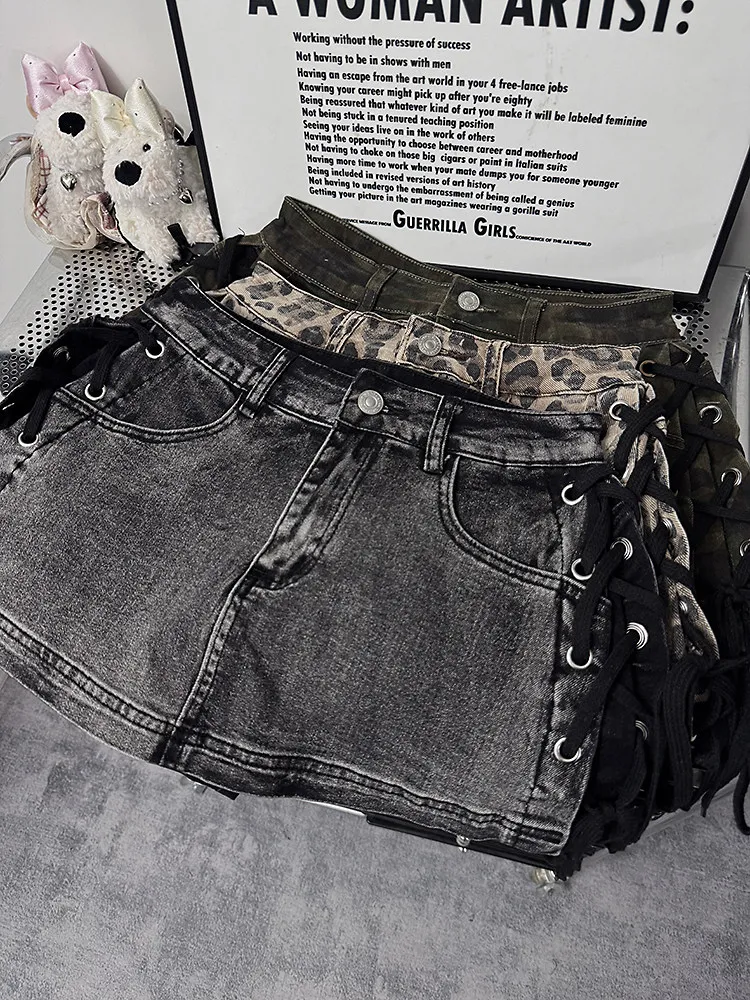 Outlet Leopard Print Rope Bound Denim Skirt Retro Sexy Bodycon A-Line Short Skirt Casual High Waist Summer Dress 22 Sbb30ac1e892d48d7bc79489256739827v