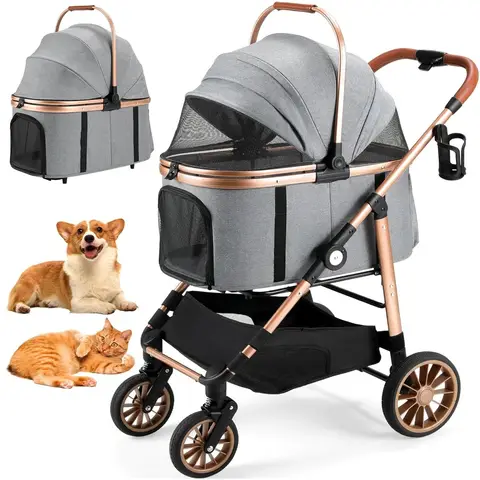 Foldable 4 Wheels Pet Stroller for Small/Medium Dogs Cats up to 55lbs, 3-in-1 Dog Stroller, Detachable Carrier and One-Cl