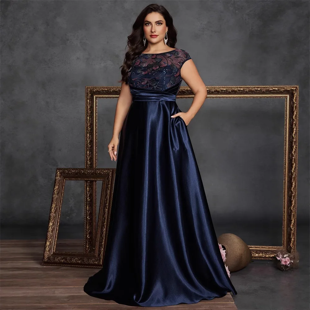 Plus Size Navy Satin A Line Maxi Dress Cap Sleeve Floral Embroidery Mesh Bodice Satin Waistband Pockets Mother of Bride Gown
Plus Size Navy Satin A Line Maxi Dress Cap Sleeve Floral Embroidery Mesh Bodice Satin Waistband Pockets Mother of Bride Gown