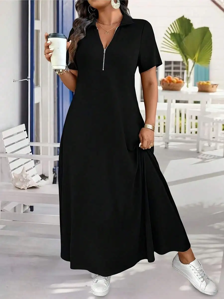 Summer Black Collar Short Sleeve Zipper Maxi Dress For Women
Summer Black Collar Short Sleeve Zipper Maxi Dress For Women
