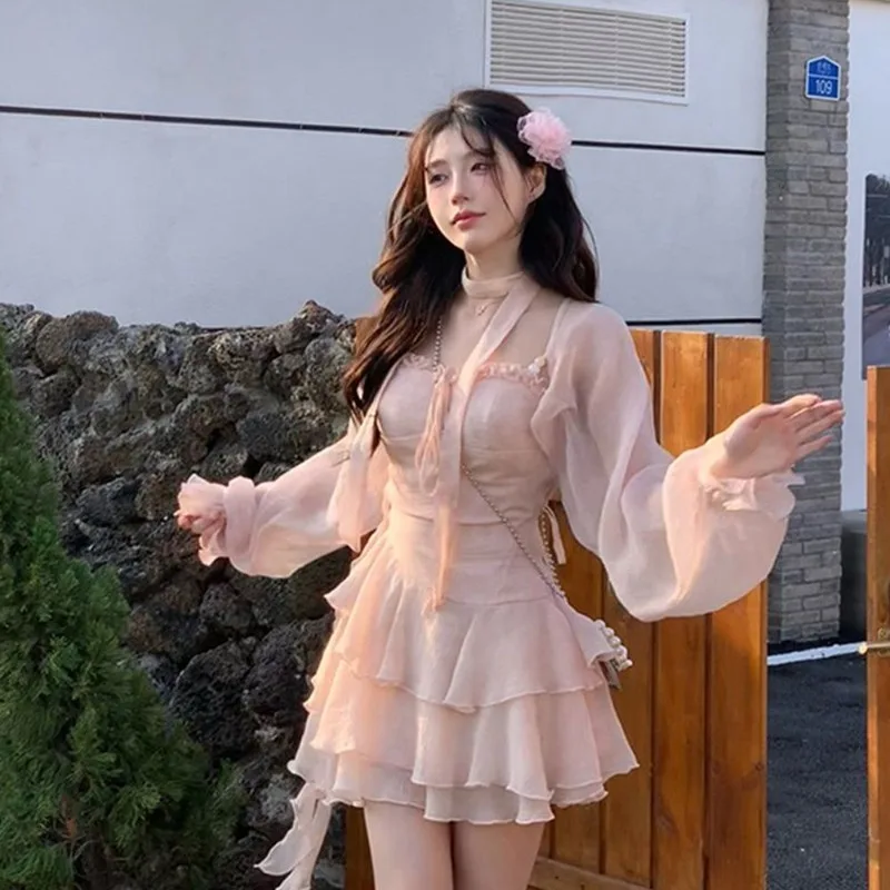 Summer Sweet Slim Waist Bow A-line Camisole Dresses+ Y2k Loose Long Sleeve Cardigan Top Women 2025 New Two Piece Sets
Summer Sweet Slim Waist Bow A-line Camisole Dresses+ Y2k Loose Long Sleeve Cardigan Top Women 2025 New Two Piece Sets