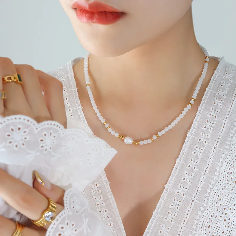 French Romantic Necklace Freshwater Pearl Necklace Crystal Glass Stone Necklace Women's Stainless Steel Necklace Collar Chain
French Romantic Necklace Freshwater Pearl Necklace Crystal Glass Stone Necklace Women's Stainless Steel Necklace Collar Chain