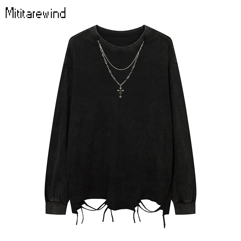 Fashion Long Sleeve T Shirt for Men Punk Lazy Style Hem Cut Holes T-shirts O-neck Cross Necklace Loose Tops Y2k Streetwear Youth
Fashion Long Sleeve T Shirt for Men Punk Lazy Style Hem Cut Holes T-shirts O-neck Cross Necklace Loose Tops Y2k Streetwear Youth