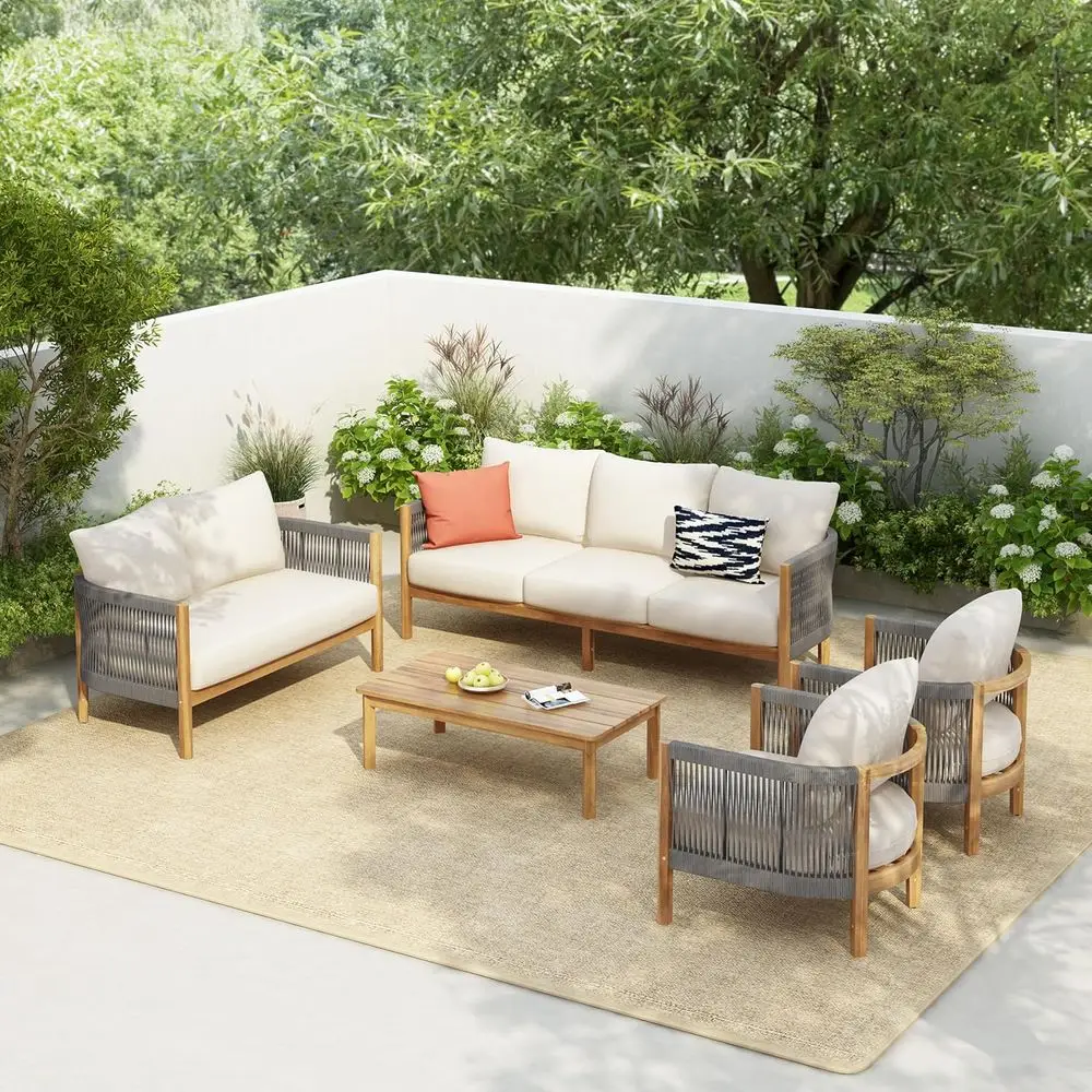 Havets 5 Pieces Outdoor Acacia urniture Set, Woven Rope Loveseat and Accent Club Chairs, 6" Thick Cushions Soa and Coee Table Se
Havets 5 Pieces Outdoor Acacia urniture Set, Woven Rope Loveseat and Accent Club Chairs, 6" Thick Cushions Soa and Coee Table Se
