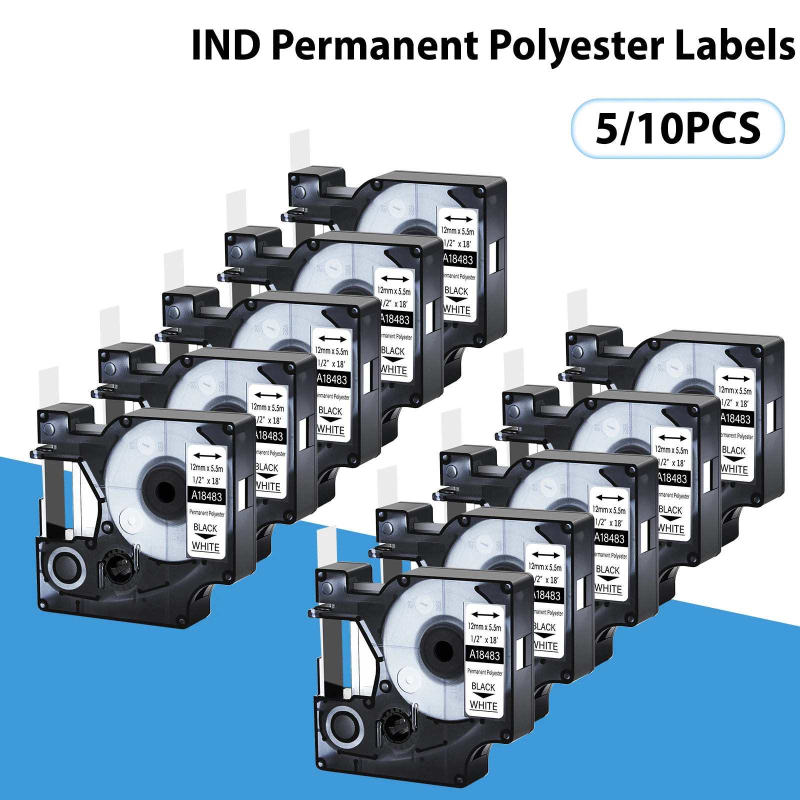 3-10PCS 9/12/19mm IND Permanent Polyester Tapes Compatible for DYMO A18482 A18483 Black on White Label Tape For Dymo Rhino 5200
3-10PCS 9/12/19mm IND Permanent Polyester Tapes Compatible for DYMO A18482 A18483 Black on White Label Tape For Dymo Rhino 5200