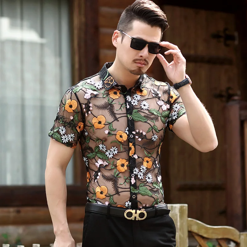 Embroidery Yellow Floral Hollow Shirts For Men Short Sleeve Slim Summer Transparent Breathable Quality Silk Blends Chemise Homme
Embroidery Yellow Floral Hollow Shirts For Men Short Sleeve Slim Summer Transparent Breathable Quality Silk Blends Chemise Homme