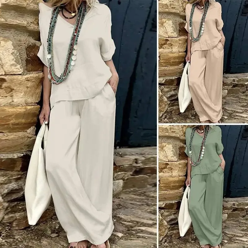 2025 Spring Summer Solid Women's Set Elegant White V-neck Top Wide-leg Pants Set Female New Fashion Casual Office 2 Piece Sets
2025 Spring Summer Solid Women's Set Elegant White V-neck Top Wide-leg Pants Set Female New Fashion Casual Office 2 Piece Sets