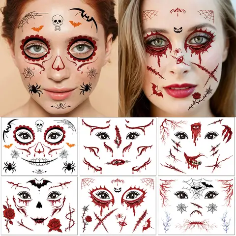 6 Sheets, Halloween Day of the Dead Temporary Face Tattoo Stickers, Catrina Sugar Skull, Scar Series, Waterproof and Realistic, for Party Temporary Makeup