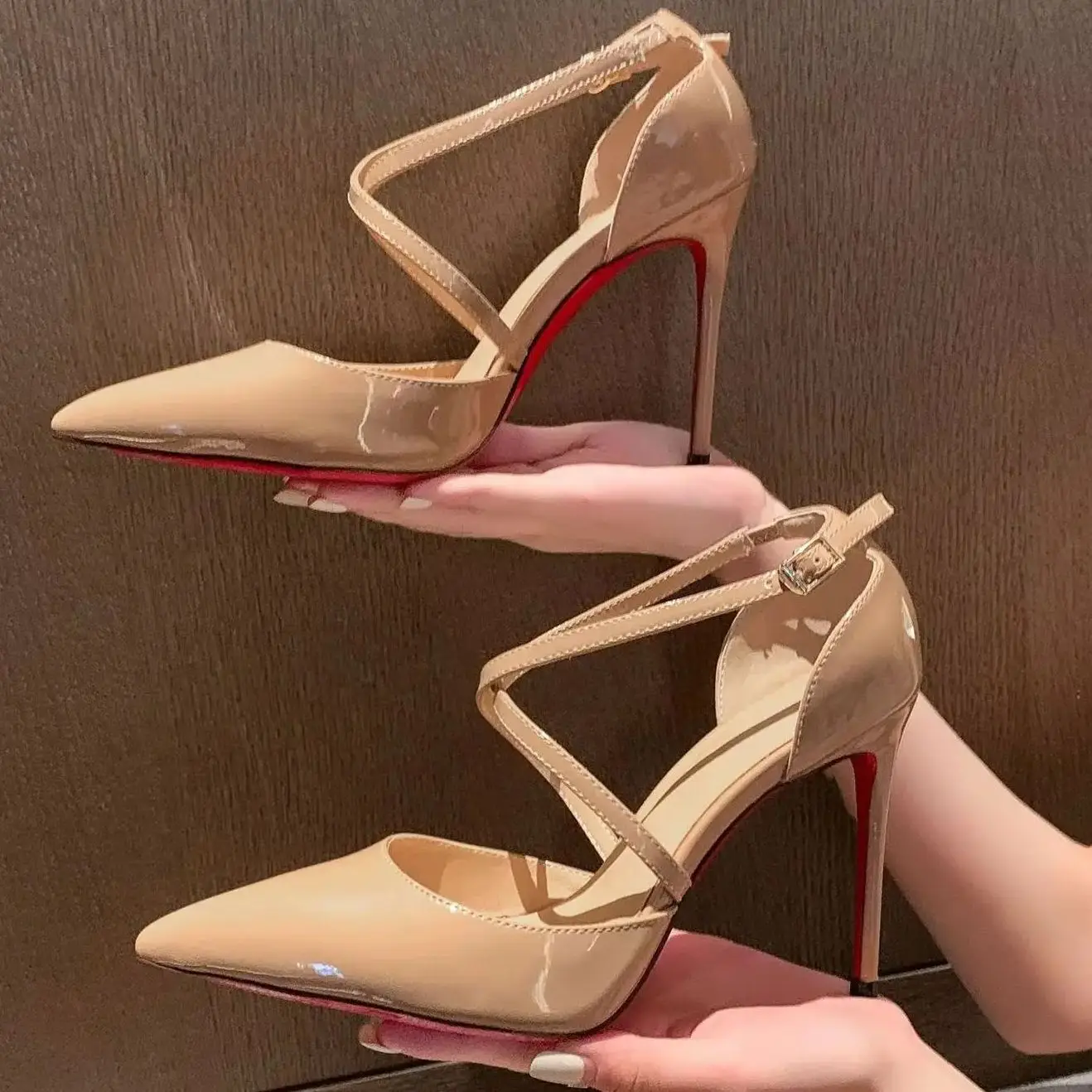Skin Color Complexion Patent Leather Women Sandals Pointed Toe Cross Strap Buckle Female Pumps Stiletto High Heels Red Sole Shoe
Skin Color Complexion Patent Leather Women Sandals Pointed Toe Cross Strap Buckle Female Pumps Stiletto High Heels Red Sole Shoe