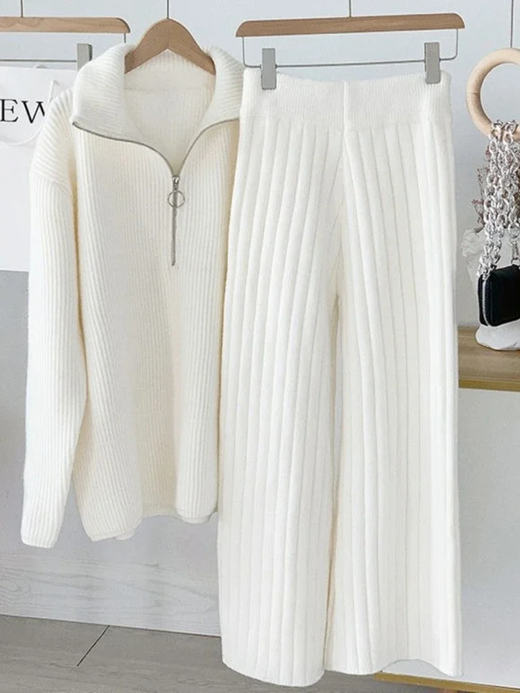 Knitted Elegant Women's Sets Loose White Zipper Sweater Set Woman 2 Pieces Pants and Top High Waist Wide Leg Pants Woman 2024
Knitted Elegant Women's Sets Loose White Zipper Sweater Set Woman 2 Pieces Pants and Top High Waist Wide Leg Pants Woman 2024
