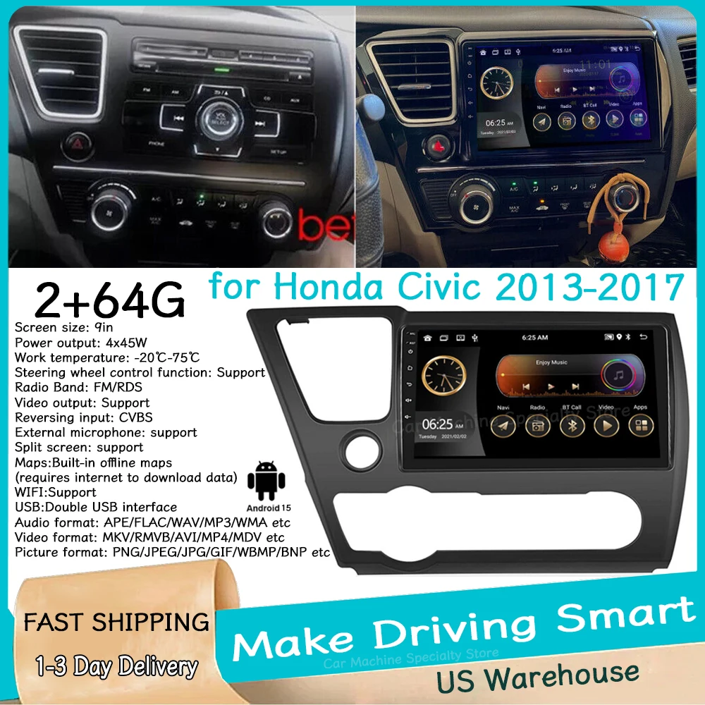 2+64GB 9'' Car Stereo Multimedia Radio GPS Navigation for Honda Civic 2013-2017 Android15 with Carplay Andriod Auto Wifi FM/RDS
2+64GB 9'' Car Stereo Multimedia Radio GPS Navigation for Honda Civic 2013-2017 Android15 with Carplay Andriod Auto Wifi FM/RDS