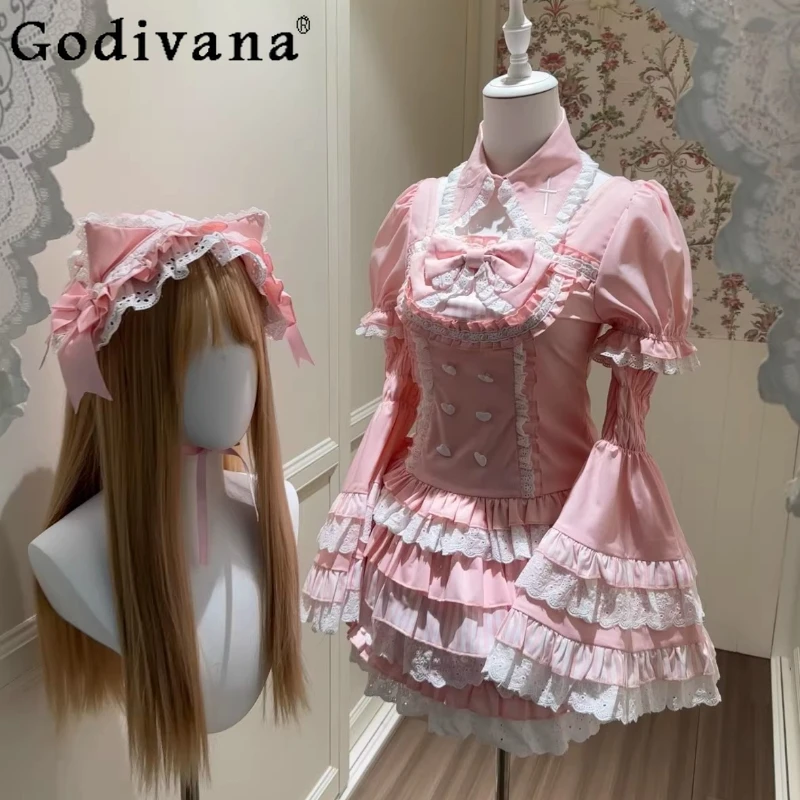 Original Design Pink Lolita Skirt Set Spring Summer Sweet Girls Cute Short-sleeve Shirt with Splice Long-sleeve Women Outfit
Original Design Pink Lolita Skirt Set Spring Summer Sweet Girls Cute Short-sleeve Shirt with Splice Long-sleeve Women Outfit