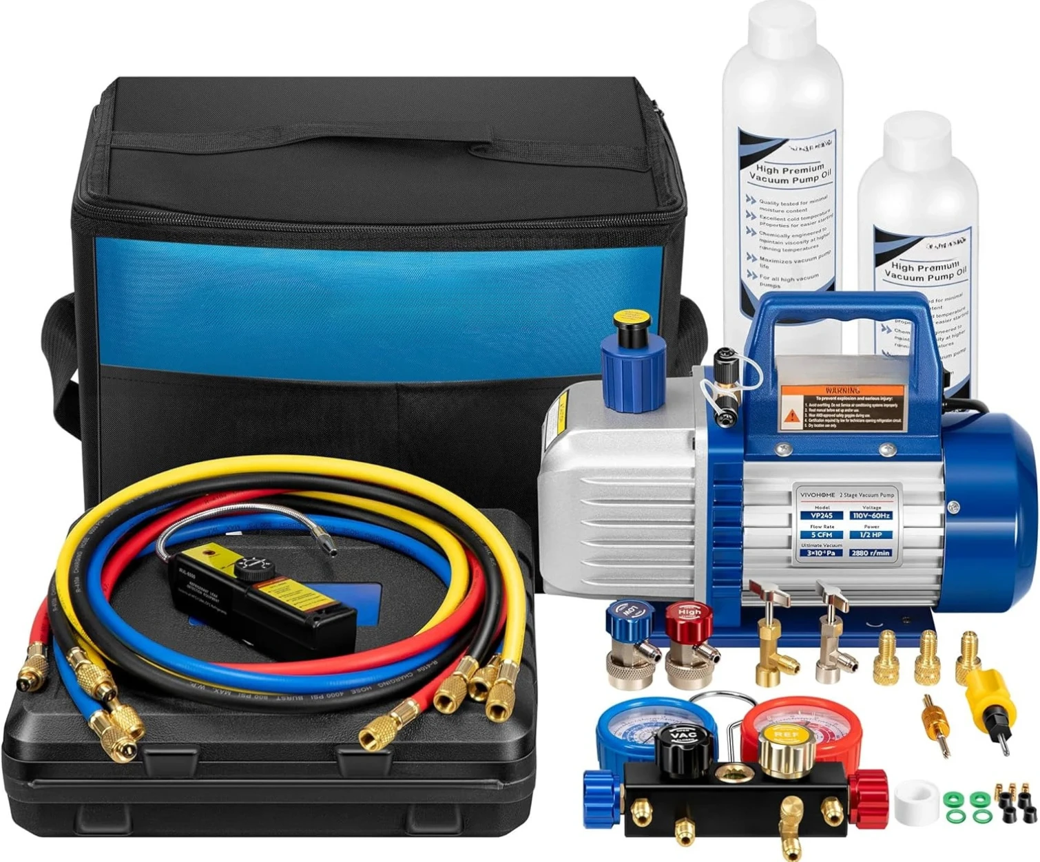 110V 1/2 HP 5CFM 2 Stage HVAC Vacuum Pump And 4 Way AC Manifold Gauge Set Kit With Leak Detector 5ft Hoses For R134a.
110V 1/2 HP 5CFM 2 Stage HVAC Vacuum Pump And 4 Way AC Manifold Gauge Set Kit With Leak Detector 5ft Hoses For R134a.