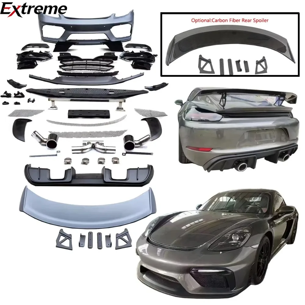 Auto Parts Bumpers Body Kit for Porsche 718 Cayman Boxster 982 2016-2021 Conversion to GT4RS Include Carbon Fiber Tail Wing.
Auto Parts Bumpers Body Kit for Porsche 718 Cayman Boxster 982 2016-2021 Conversion to GT4RS Include Carbon Fiber Tail Wing.