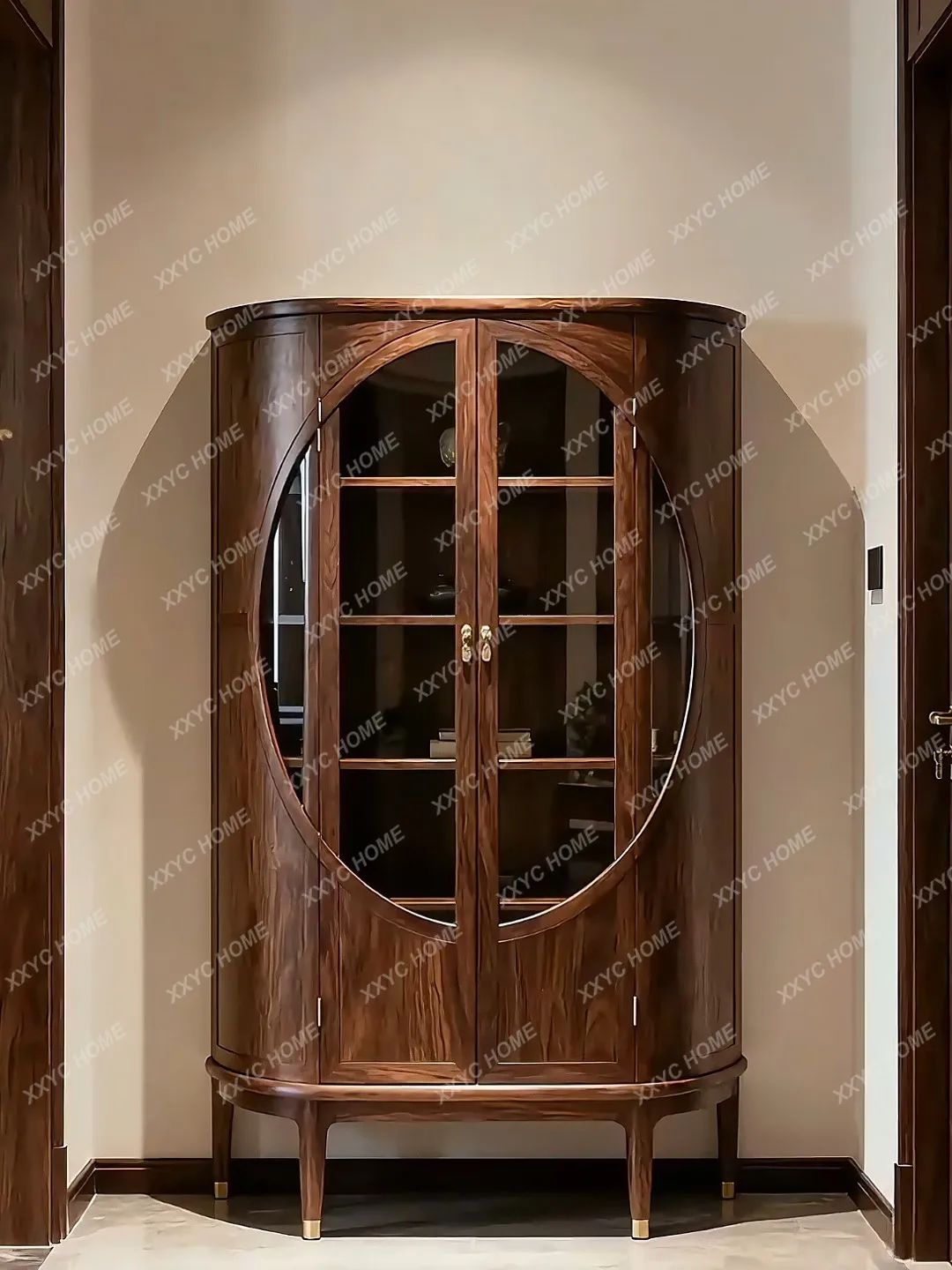 Bookcase, semi-circular arc display cabinet, villa living room, solid wood wine cabinet
Bookcase, semi-circular arc display cabinet, villa living room, solid wood wine cabinet