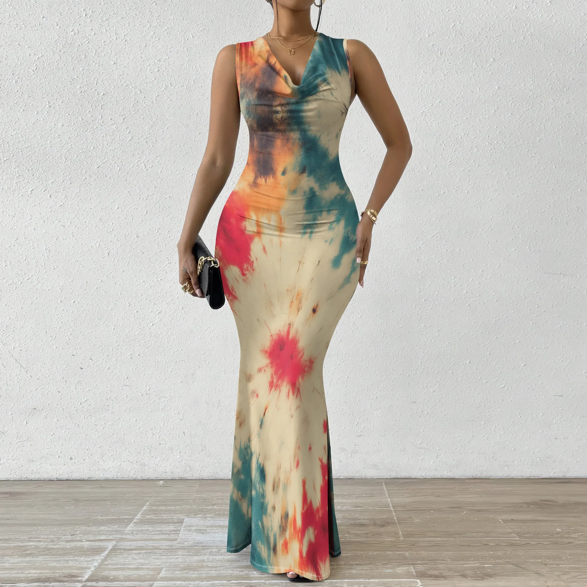 Women's Tie Dye Sleeveless Maxi Dress, Cowl Neck Bodycon Mermaid Gown, Plus Size XS-2XL, Summer Beach Party Vacation 
Women's Tie Dye Sleeveless Maxi Dress, Cowl Neck Bodycon Mermaid Gown, Plus Size XS-2XL, Summer Beach Party Vacation