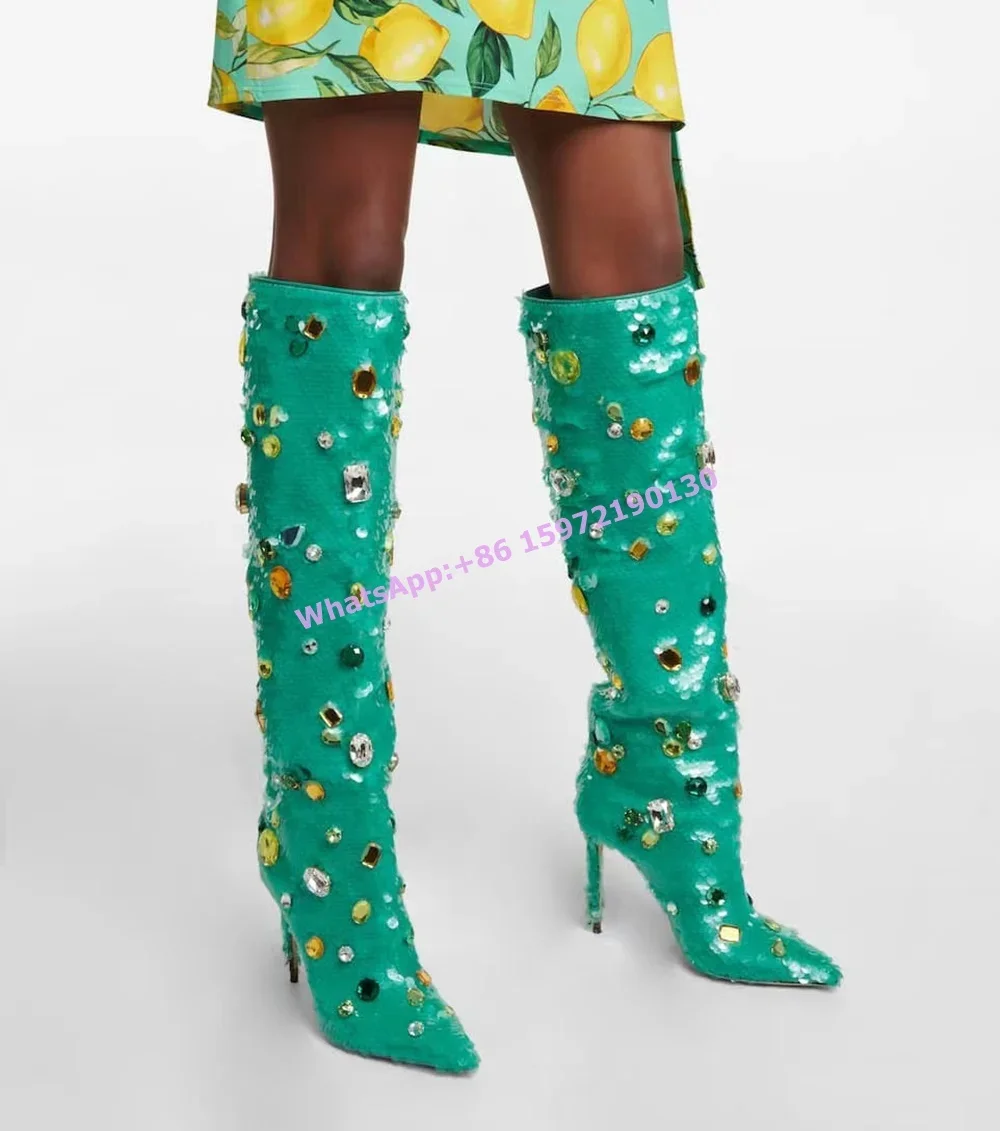 Шикарные высокие сапоги со стразами, острый носок, тонкие каблуки, зеленые сапоги до колена с однотонными кристаллами, роскошные женские подиумные сапоги
Шикарные высокие сапоги со стразами, острый носок, тонкие каблуки, зеленые сапоги до колена с однотонными кристаллами, роскошные женские подиумные сапоги