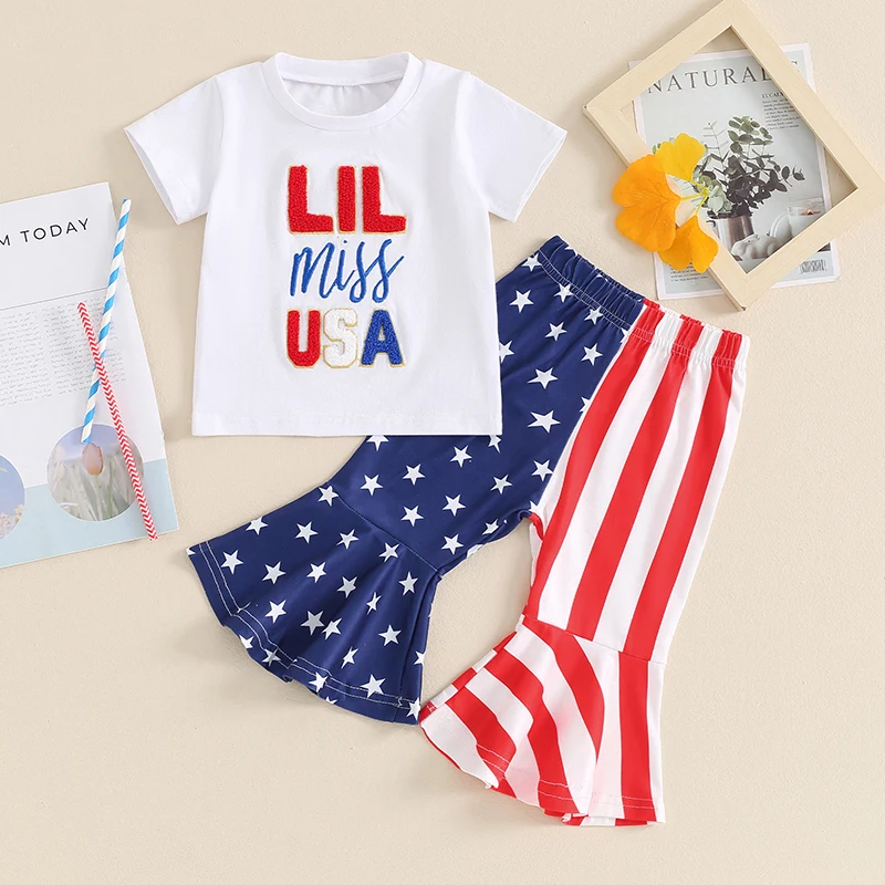 Toddler Girl 4th of July Outfit Letter Embroidery Short Sleeve T-Shirt with Stripe Star Flare Pants 2Pcs Summer Outfit
Toddler Girl 4th of July Outfit Letter Embroidery Short Sleeve T-Shirt with Stripe Star Flare Pants 2Pcs Summer Outfit