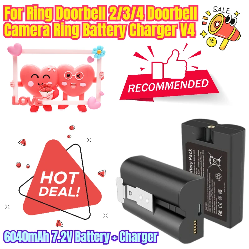 6040mAh 7.2V Battery + Charger for Ring Doorbell 2/3/4 Doorbell Camera Ring Battery Charger V4
6040mAh 7.2V Battery + Charger for Ring Doorbell 2/3/4 Doorbell Camera Ring Battery Charger V4