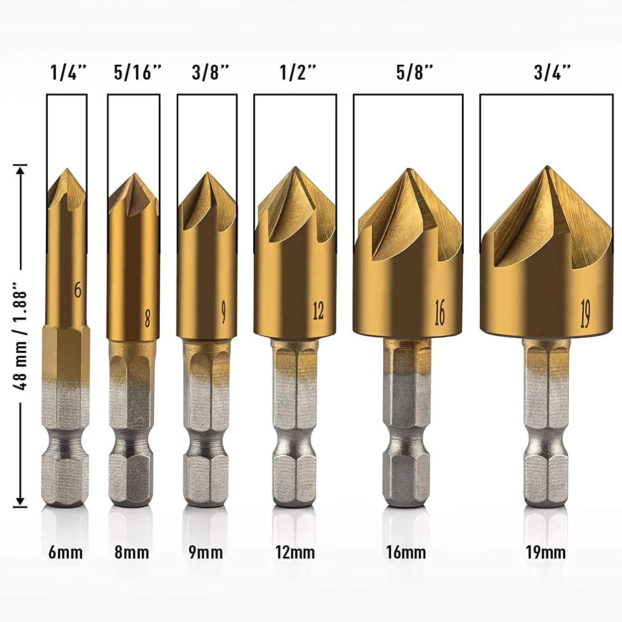 RABIT AS59~ 6 Pcs 1/4Inch Hex Shank Countersink Drill Bits Center Punch Set HSS 5 Flute Countersink 90 Degree Center Punch Tool
RABIT AS59~ 6 Pcs 1/4Inch Hex Shank Countersink Drill Bits Center Punch Set HSS 5 Flute Countersink 90 Degree Center Punch Tool