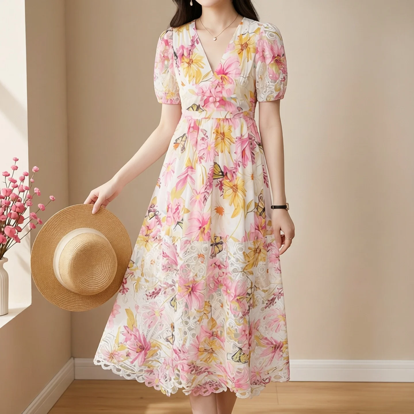 Elegant Floral V-neck Dress Country Style Fairy Tale Large Size Long Skirt Spring Season Short Sleeve A-line Silhouette
Elegant Floral V-neck Dress Country Style Fairy Tale Large Size Long Skirt Spring Season Short Sleeve A-line Silhouette