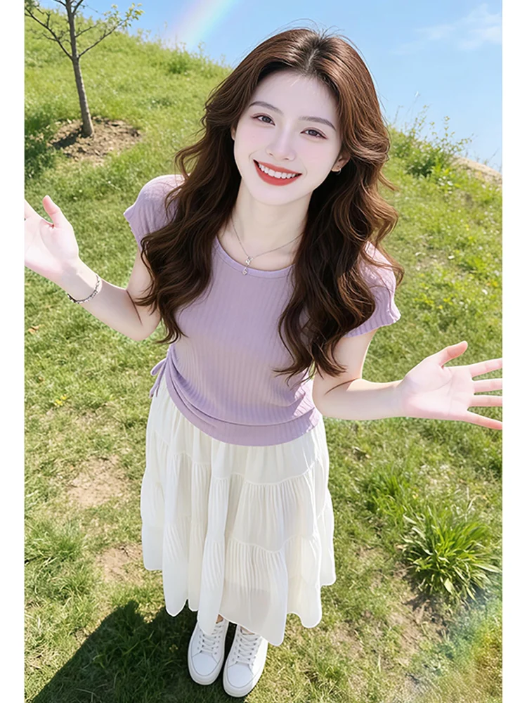 Mona Garden Summer New round Neck Short Sleeve Half Skirt Two Piece Set Elegant Casual Fashion Women's Clothing Set High Waist
Mona Garden Summer New round Neck Short Sleeve Half Skirt Two Piece Set Elegant Casual Fashion Women's Clothing Set High Waist