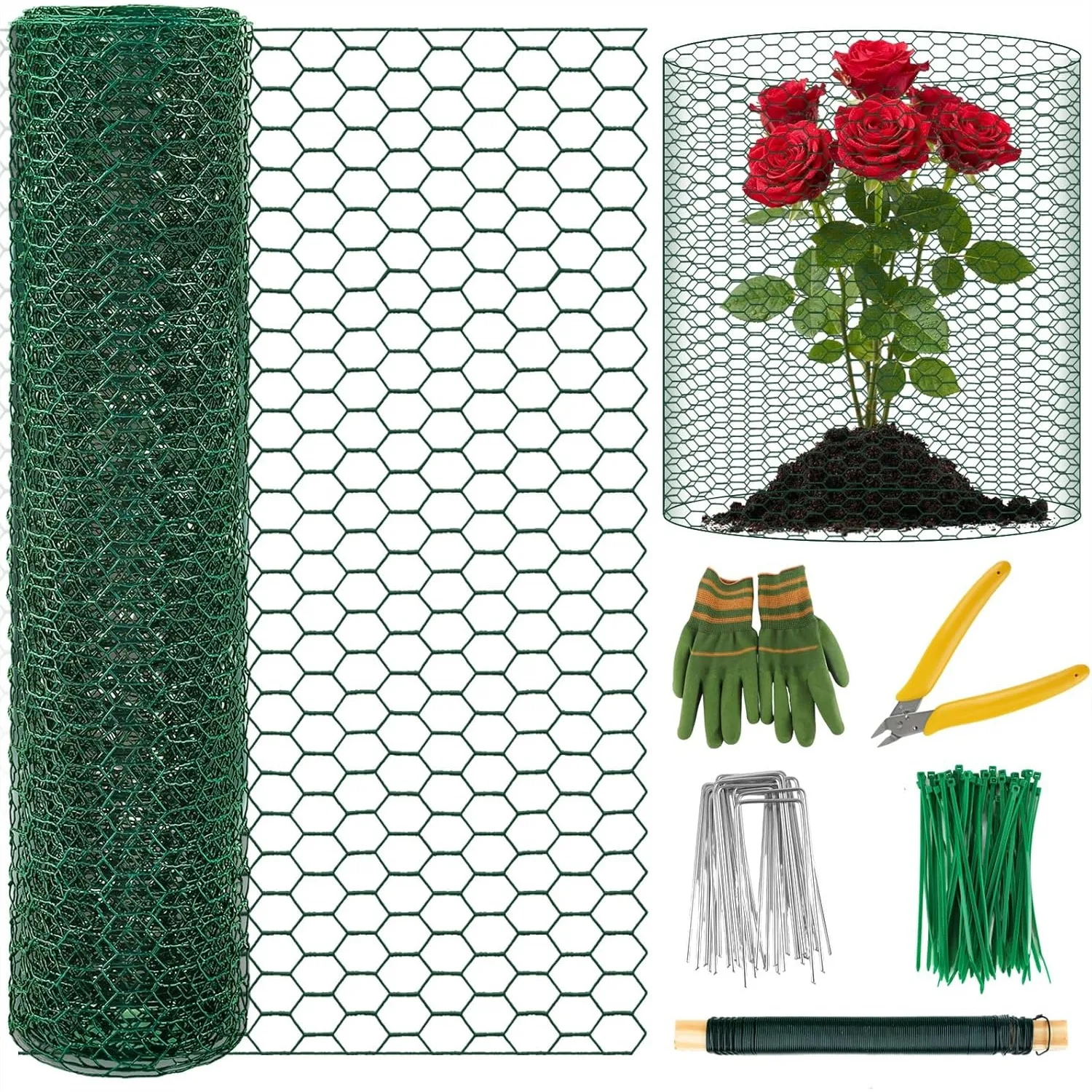 16.4Ft X 16In Green PVC Coated Chicken Wire Mesh For Plant Protection With Zip Ties Stakes Pliers Gloves
16.4Ft X 16In Green PVC Coated Chicken Wire Mesh For Plant Protection With Zip Ties Stakes Pliers Gloves