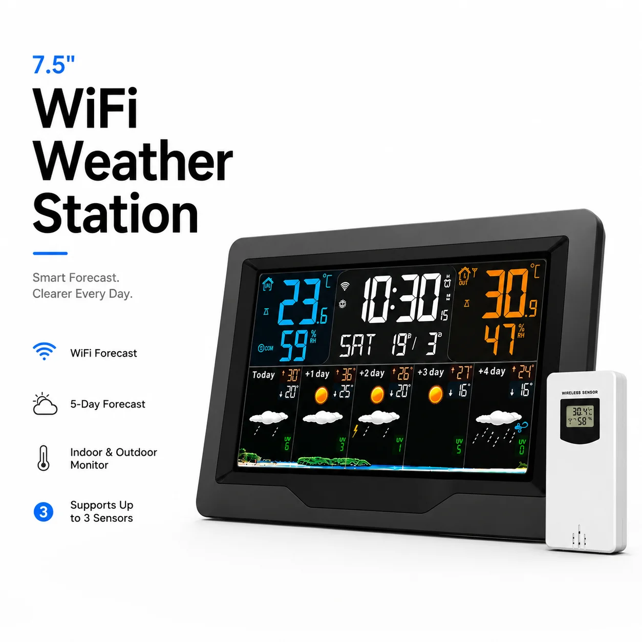 WiFi Weather Station Indoor Outdoor Thermometer Hygrometer with 3 Sensors, Large Color Display 5-Day Forecast Wireless Weather
WiFi Weather Station Indoor Outdoor Thermometer Hygrometer with 3 Sensors, Large Color Display 5-Day Forecast Wireless Weather