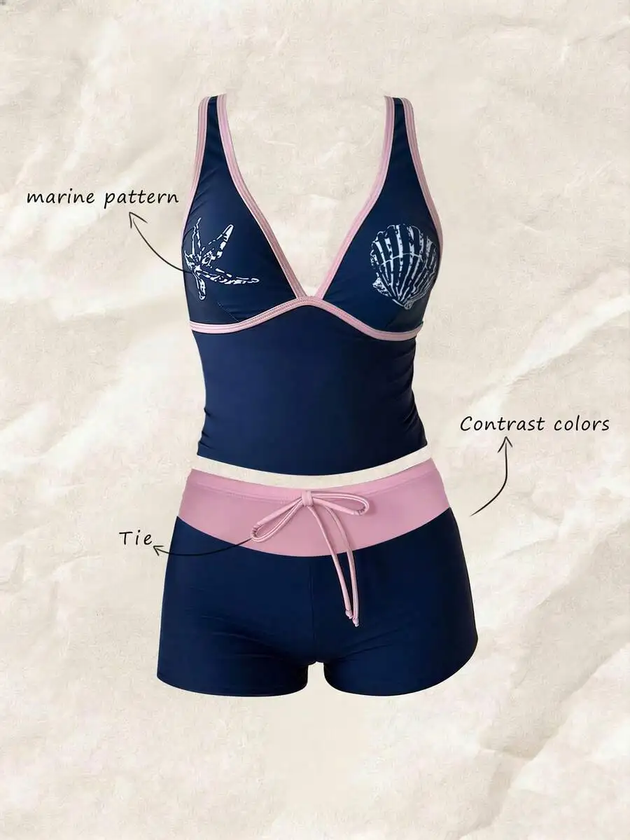 Womens Marine Pattern Tankini Two Piece Swimsuit With Contrast Pink Trim
Womens Marine Pattern Tankini Two Piece Swimsuit With Contrast Pink Trim